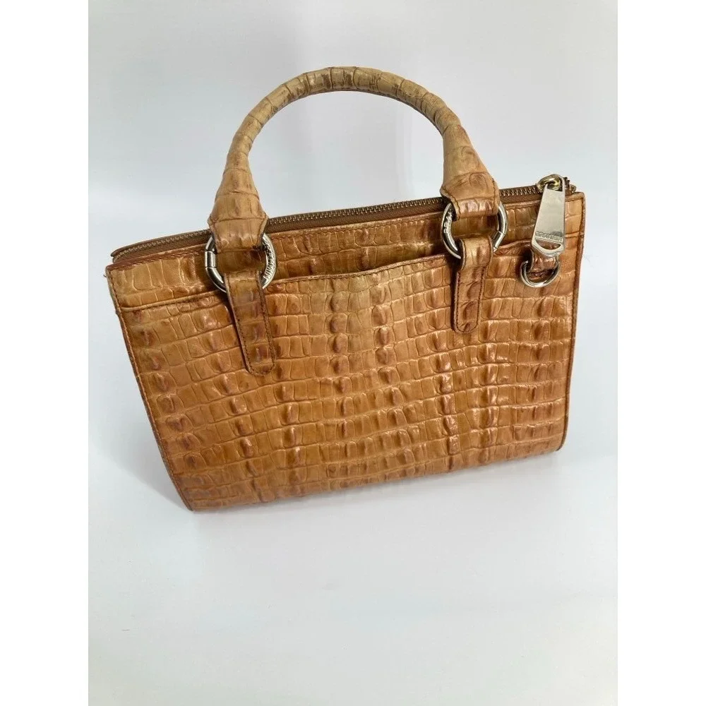 Brahmin Pecan Croc Embossed Leather Satchel Handbag‎ Tan Zip Top Small Tote